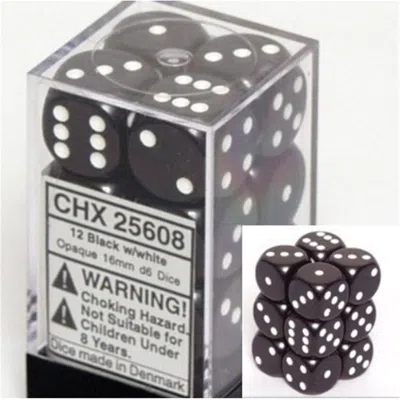 CHESSEX MANUFACTURING 25608 OPAQUE BLACK WITH WHITE - 16 MM SIX SIDED DICE SET OF 12