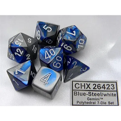 CHESSEX MANUFACTURING 26423 CUBE GEMINI SET OF 7 DICE - BLUE & SILVER WITH WHITE NUMBERING