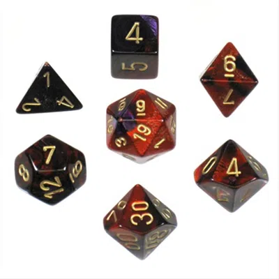 CHESSEX MANUFACTURING 26426 CUBE GEMINI SET OF 7 DICE - PURPLE & RED WITH GOLD NUMBERING
