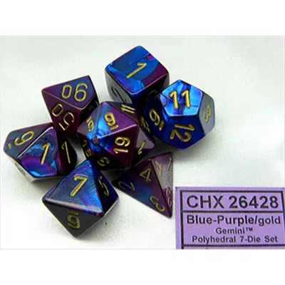 CHESSEX MANUFACTURING 26428 CUBE GEMINI SET OF 7 DICE - BLUE & PURPLE WITH GOLD NUMBERING