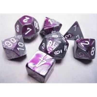 CHESSEX MANUFACTURING 26432 CUBE GEMINI SET OF 7 DICE - PURPLE & STEEL WITH WHITE NUMBERING