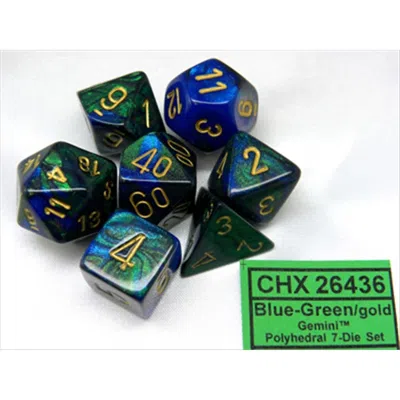 CHESSEX MANUFACTURING 26436 CUBE GEMINI SET OF 7 DICE - BLUE & GREEN WITH GOLD NUMBERING