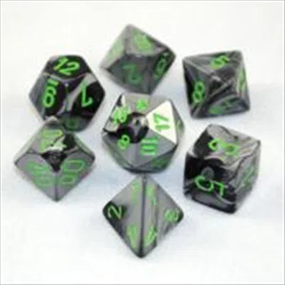 CHESSEX MANUFACTURING 26445 CUBE GEMINI SET OF 7 DICE - BLACK & GREEN WITH GOLD NUMBERING