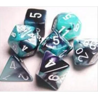 CHESSEX MANUFACTURING 26446 CUBE GEMINI SET OF 7 DICE - BLACK SHELL WITH WHITE NUMBERING