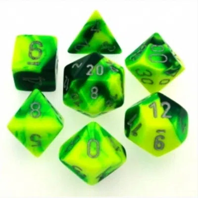 CHESSEX MANUFACTURING 26454 CUBE GEMINI SET OF 7 DICE - GREEN & YELLOW WITH SILVER NUMBERING