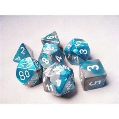 CHESSEX MANUFACTURING 26456 CUBE GEMINI SET OF 7 DICE - STEEL & TEAL WITH WHITE NUMBERING