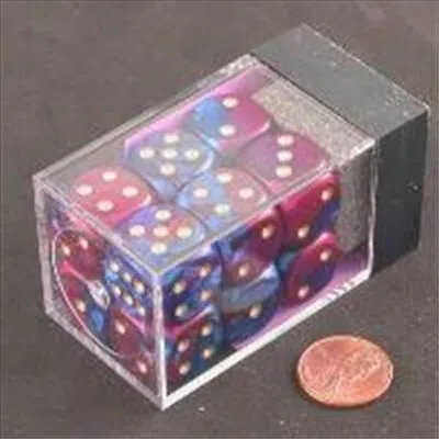 CHESSEX MANUFACTURING 26628 D6 CUBE GEMINI SET OF 12 DICE, 16 MM - BLUE & PURPLE WITH GOLD NUMBERING