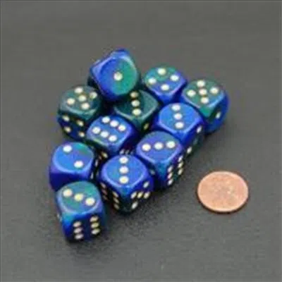 CHESSEX MANUFACTURING 26636 D6 CUBE GEMINI SET OF 12 DICE- 16 MM - BLUE & GREEN WITH GOLD NUMBERING