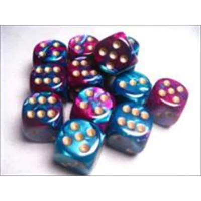 CHESSEX MANUFACTURING 26649 D6 CUBE GEMINI SET OF 12 DICE, 16 MM - PURPLE & TEAL WITH GOLD NUMBERING