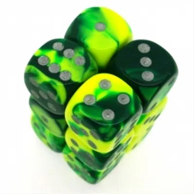 CHESSEX MANUFACTURING 26654 D6 CUBE GEMINI SET OF 12 DICE, 16 MM - GREEN & YELLOW WITH SILVER NUMBERING