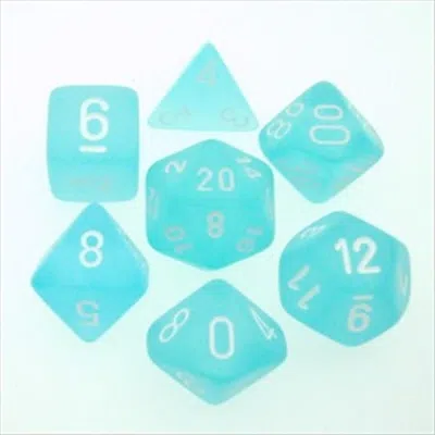 CHESSEX MANUFACTURING 27405 CUBE SET OF 7 DICE - FROSTED TEAL WITH WHITE NUMBERING