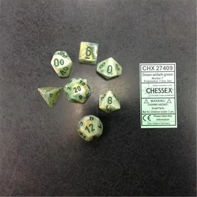 CHESSEX MANUFACTURING 27409 MARBLE GREEN WITH DARK GREEN DICE SET OF 7
