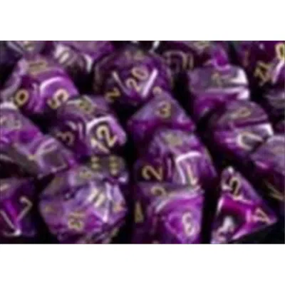 CHESSEX MANUFACTURING 27637 16 MM VORTEX PURPLE WITH GOLD NUMBERS D6 DICE SET OF 12
