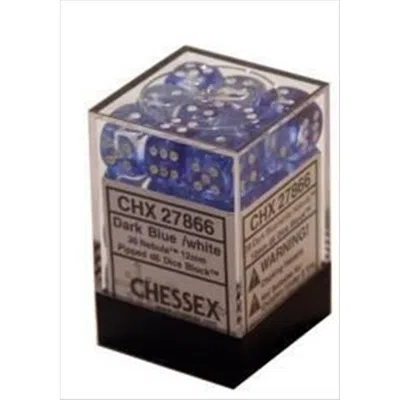 CHESSEX MANUFACTURING 27866 12 MM NEBULA DARK BLUE WITH WHITE NUMBERS D6 DICE SET OF 36