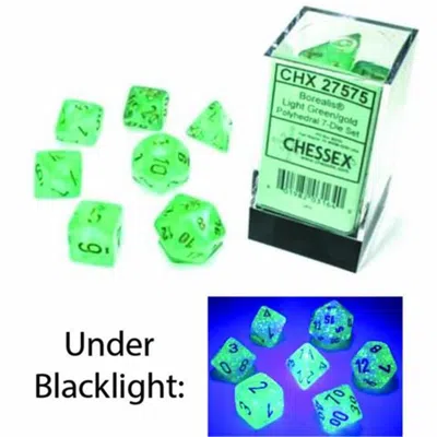 CHESSEX MANUFACTURING CUBE BOREALIS LUMINARY DICE, LIGHT GREEN WITH GOLD NUMBERS - SET OF 7