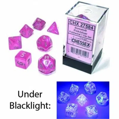 CHESSEX MANUFACTURING CUBE BOREALIS LUMINARY DICE, PINK WITH SILVER PIPS - SET OF 7