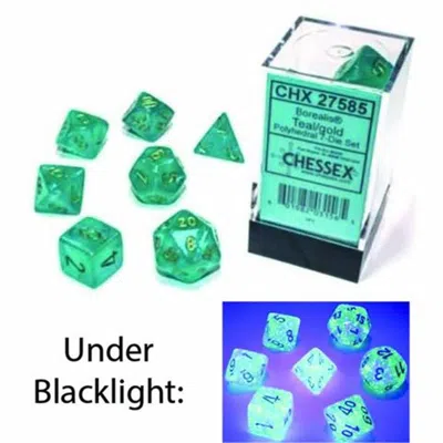 CHESSEX MANUFACTURING CUBE BOREALIS LUMINARY DICE, TEAL WITH GOLD NUMBERS - SET OF 7