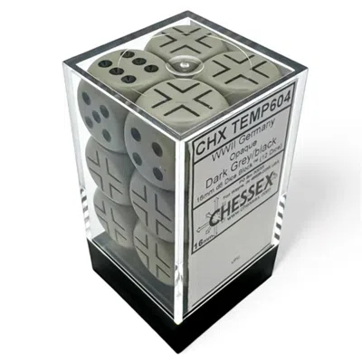 CHESSEX MANUFACTURING D6 CUBE 16 MM OPAQUE WW2 GERMAN DARK GREY & BLACK DICE - 12 COUNT