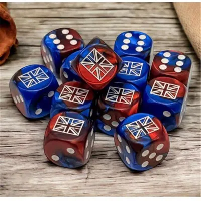CHESSEX MANUFACTURING D6 CUBE 16MM OPAQUE WW2 UNITED KINGDOM GEMINI BLUE RED & WHITE DICE - 12 COUNT