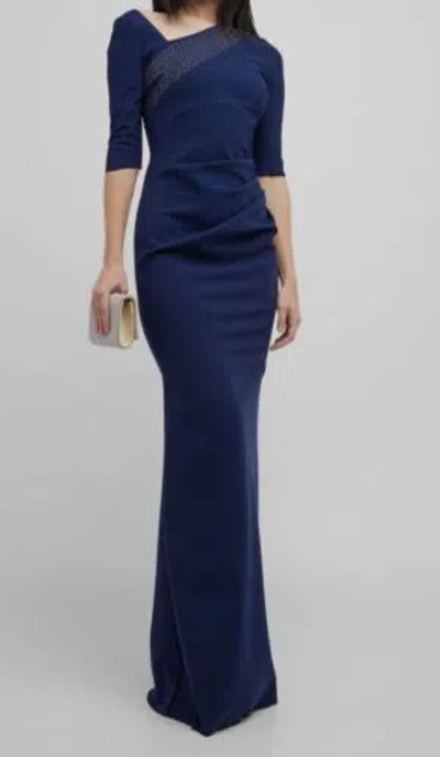 CHIARA BONI LA PETITE ROBE $1090 CHIARA BONI WOMEN'S BLUE RHINESTONE RUCHED MALGUEN GOWN DRESS SIZE 42