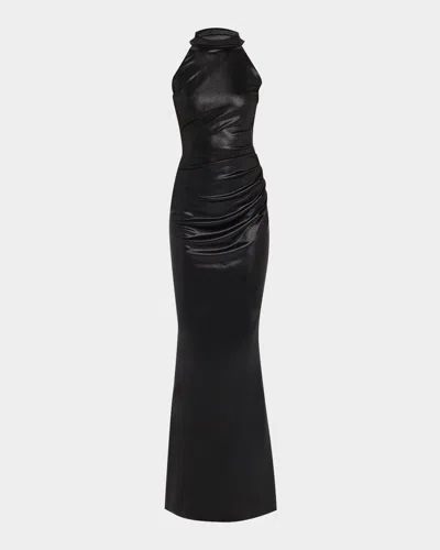 CHIARA BONI LA PETITE ROBE HUDRIX DRAPED MOCK-NECK HALTER COLUMN GOWN