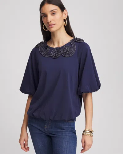 CHICO'S BUBBLE HEM PLEATED COTTON TOP IN BLUE SIZE 12/14 | CHICO'S