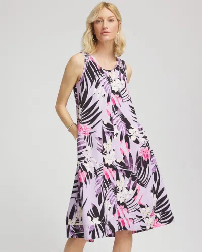 CHICO'S FLORAL PALMS LIGHTWEIGHT MIDI DRESS IN PURPLE