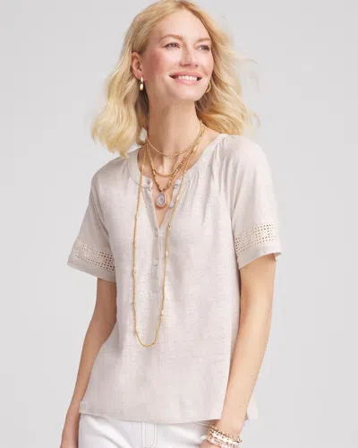 CHICO'S LINEN LACE-CUTWORK SLEEVE HENLEY TEE IN NEUTRAL