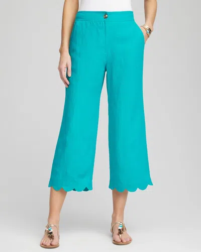 CHICO'S LINEN SCALLOP HEM CROP PANTS IN BLUE