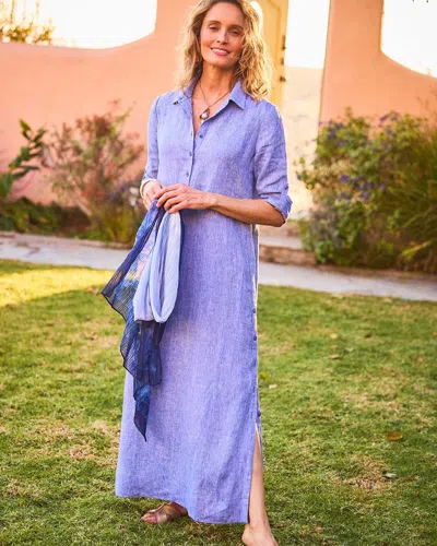 CHICO'S MAXI LINEN SHIRTDRESS IN BLUE SIZE 16/18 | CHICO'S