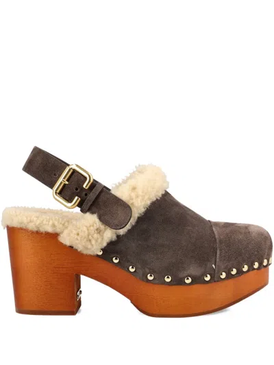 CHLOÉ 80MM SHEARLING-TRIMMED STUDDED CLOGS