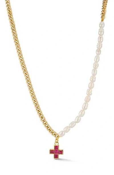 CHLOE & MADISON CHLOE AND MADISON PARTIAL FAUX PEARL CROSS PENDANT NECKLACE