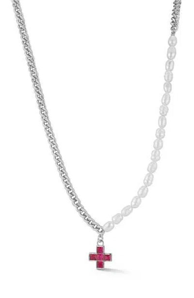 CHLOE & MADISON CHLOE AND MADISON PARTIAL FAUX PEARL CROSS PENDANT NECKLACE