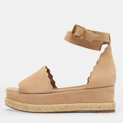 CHLOÉ CHLOÉ BEIGE SUEDE SCALLOPED LAUREN FLATFORM SANDALS SIZE 40