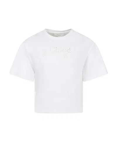 CHLOÉ CHLOÉ KIDS LOGO-EMBROIDERED EYELET CREWNECK T-SHIRT