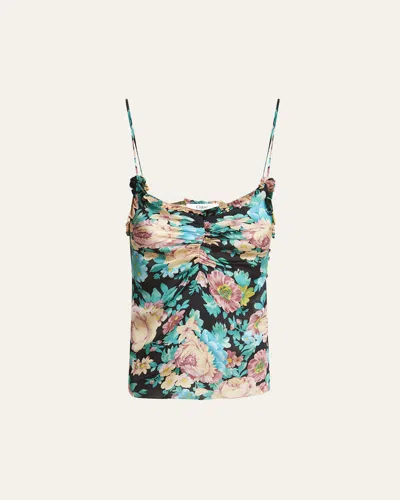 CHLOÉ FLORAL RUCHED RUFFLE-TRIM SILK TANK TOP