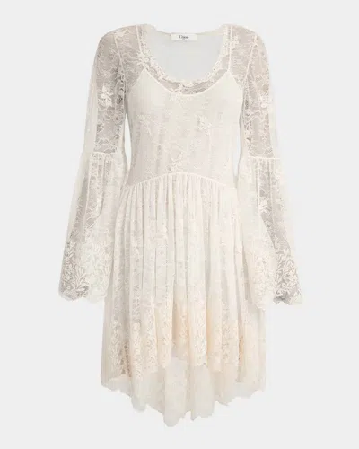 CHLOÉ LACE U-NECK LONG-SLEEVE MINI DRESS