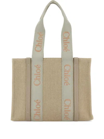 CHLOÉ LINEN WOODY SHOPPING BAG