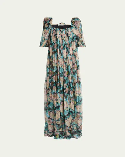 CHLOÉ LONG FLORAL PUFF-SLEEVE SILK DRESS