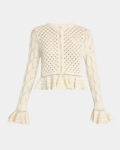 CHLOÉ OPEN-KNIT RUFFLE CREWNECK CARDIGAN