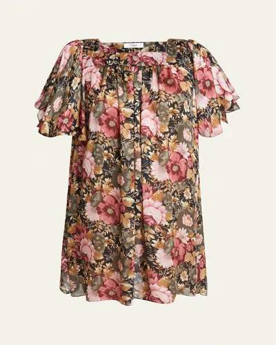 CHLOÉ ROSE PRINT PLEATED MINI SILK DRESS