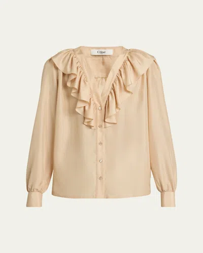 CHLOÉ RUFFLED V-NECK SILK BLOUSE