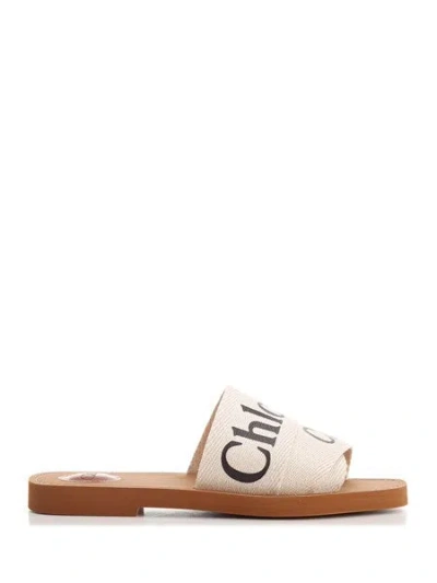 CHLOÉ SAND LINEN WOODY SLIPPERS