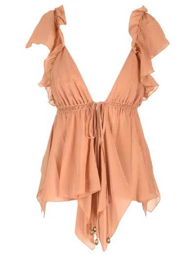 CHLOÉ SILK GEORGETTE RUFFLED TOP TOPS BROWN