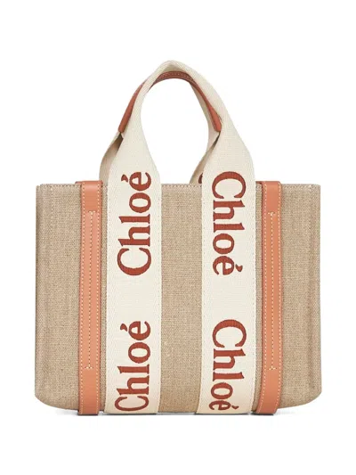 CHLOÉ SMALL WOODY LOGO-DETAIL LINEN TOTE BAG