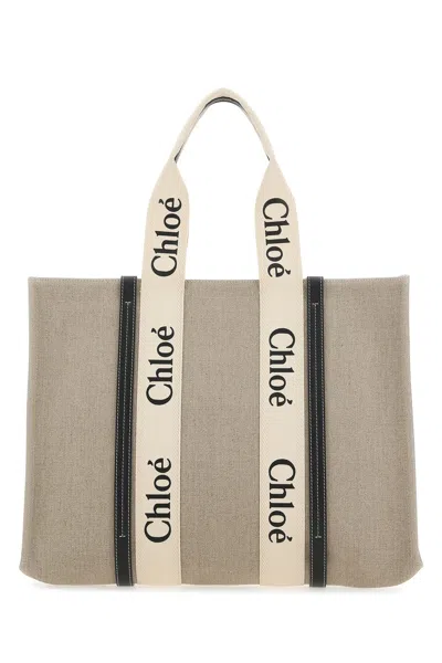 CHLOÉ TWO-TONE CANVAS LARGE WOODY SHOPPING BAG