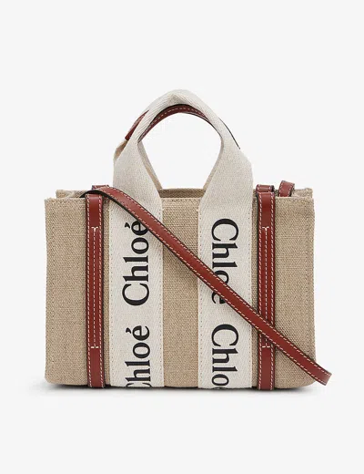 CHLOÉ WOMENS WHITE - BROWN 1 WOODY MINI COTTON-CANVAS TOTE BAG