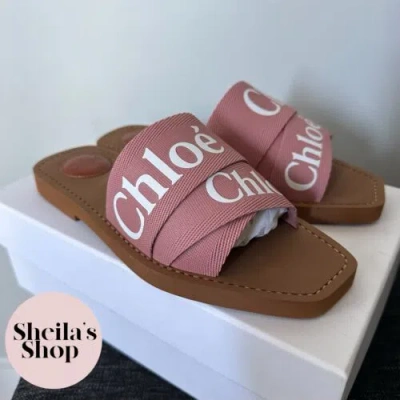 CHLOÉ CHLOE WOODY FLAT CANVAS MULE SLIDE SANDALS PINK SIZE 36