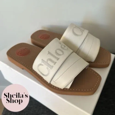 CHLOÉ CHLOE WOODY LOGO-EMBROIDERED WHITE LEATHER SLIDE SANDALS SIZE 37