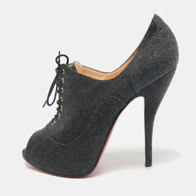 CHRISTIAN LOUBOUTIN DARK GREY FABRIC FLANNEL LADY PEEP TOE LACE UP BOOTIES SIZE 38.5